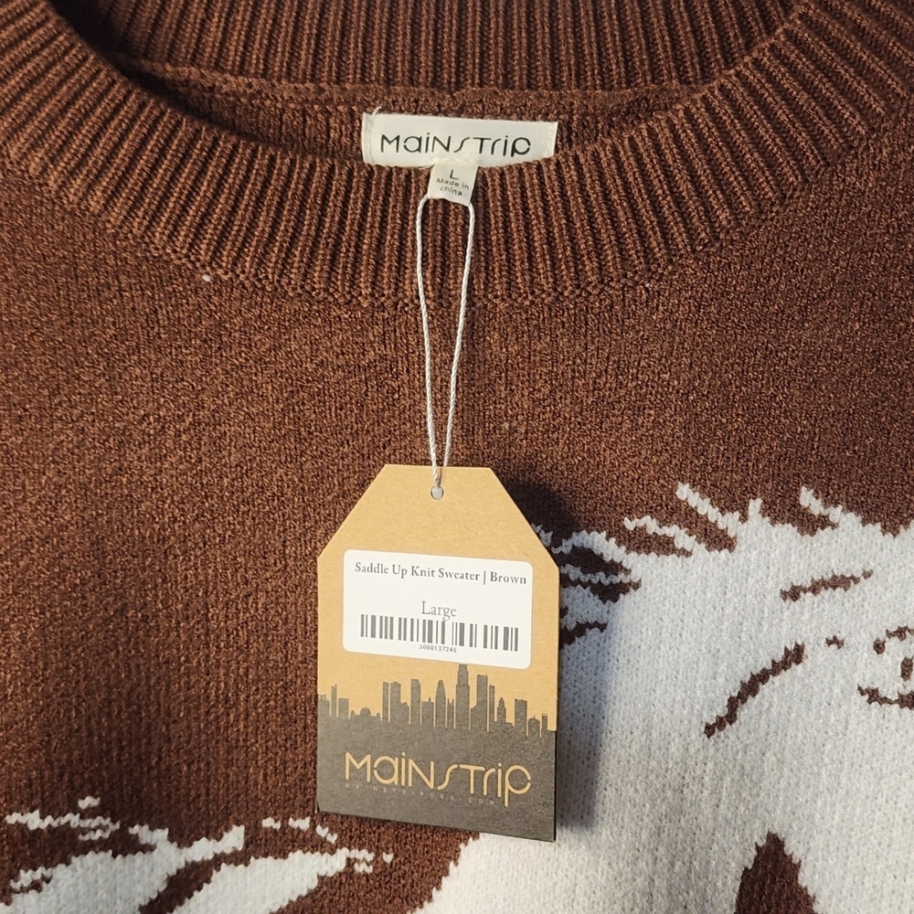 NWT Main Strip Saddle Up Horse Knit Sweater Brown Western Large - Picture 6 of 8